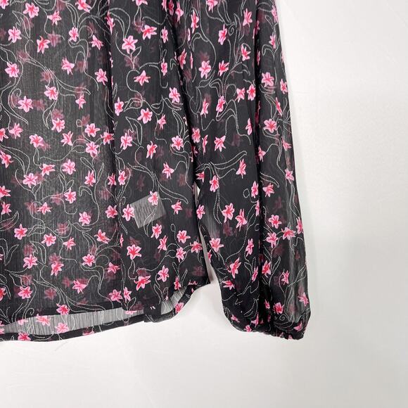 Elizabeth & James Floral Sheer Smocked Top XSmall Black Pink Long Sleeve Blouse - Picture 3 of 12